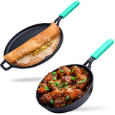GEMMA Set of 2 - Cast Iron Fry Pan (2L)(24CM) &Dosa Tawa-(28Cm) with Silicone Grip| Induction & Gas Compatible|Non Toxic|100% Pure Cast Iron Stick Free|(2.25kg),(2.2kg)|(Green)|