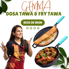 GEMMA Set of 2 - Cast Iron Fry Pan (2L)(24CM) &Dosa Tawa-(28Cm) with Silicone Grip| Induction & Gas Compatible|Non Toxic|100% Pure Cast Iron Stick Free|(2.25kg),(2.2kg)|(Green)|
