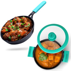 GEMMA CAST IRON KADAI WITH LID  PLUS FRY PAN COMBO GREEN RED YELLOW