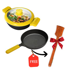 GEMMA CAST IRON KADAI WITH LID  PLUS FRY PAN COMBO GREEN RED YELLOW