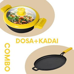 GEMMA Cookware Combo of 2, Cast Iron Kadhai with Glass Lid and Dosa Tawa