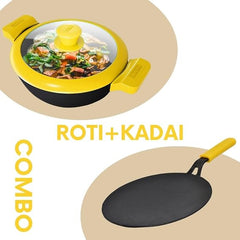 GEMMA Cookware Combo of 2, Cast Iron Kadhai with Glass Lid and Roti Tawa