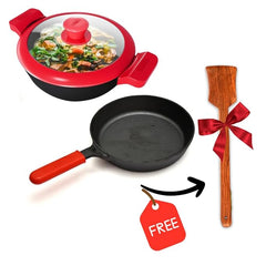 GEMMA CAST IRON KADAI WITH LID  PLUS FRY PAN COMBO GREEN RED YELLOW