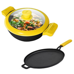 GEMMA Cookware Combo of 2,  Cast Iron Kadhai with Glass Lid and Dosa Tawa Red And Yellow