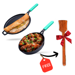 GEMMA Set of 2 - Cast Iron Fry Pan (2L)(24CM) &Dosa Tawa-(28Cm) with Silicone Grip| Induction & Gas Compatible|Non Toxic|100% Pure Cast Iron Stick Free|(2.25kg),(2.2kg)|(Green)|