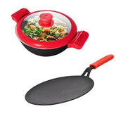 GEMMA Cookware Combo of 2,Cast Iron Kadhai with Glass Lid and Roti Tawa Red