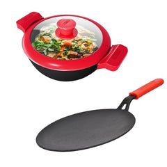 GEMMA Cookware Combo of 2,Cast Iron Kadhai with Glass Lid and Roti Tawa Red