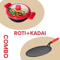 GEMMA Cookware Combo of 2,Cast Iron Kadhai with Glass Lid and Roti Tawa Red