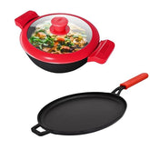 GEMMA Cookware Combo of 2, Cast Iron Kadhai with Glass Lid and Dosa Tawa Red And Yellow