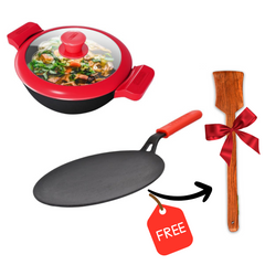 GEMMA Cookware Combo of 2, Cast Iron Kadhai with Glass Lid and Dosa Tawa