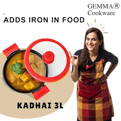GEMMA Cookware Combo of 2,  Cast Iron Kadhai with Glass Lid and Dosa Tawa Red And Yellow