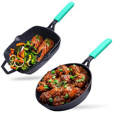 GEMMA Combo of 2, Pre-Seasoned Natural Nonstick Cast Iron Grill Pan and Frying Pan with Silicone Handle