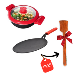 GEMMA Cookware Combo of 2,Cast Iron Kadhai with Glass Lid and Roti Tawa Red