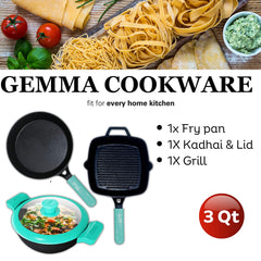 GEMMA Cast Iron Kadhai with Lid 3.5 L | Frying Pan 2L | Grill Pan