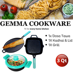 GEMMA Kadhai with Lid 3.5 L | Dosa Tawa | Grill Pan Smooth Flat Base