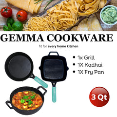 GEMMA Kadhai Without Lid 3 L | Frying Pan 2 L | Grill Pan 2L Smooth Flat Base