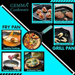 GEMMA Combo of 2, Pre-Seasoned Natural Nonstick Cast Iron Grill Pan and Frying Pan with Silicone Handle
