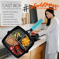 GEMMA Combo of 2, Pre-Seasoned Natural Nonstick Cast Iron Grill Pan and Frying Pan with Silicone Handle
