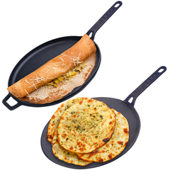 GEMMA Cast Iron Pre-Seasoned Dosa Tawa & Roti Tawa with Handle Pack of 2 Combo Black