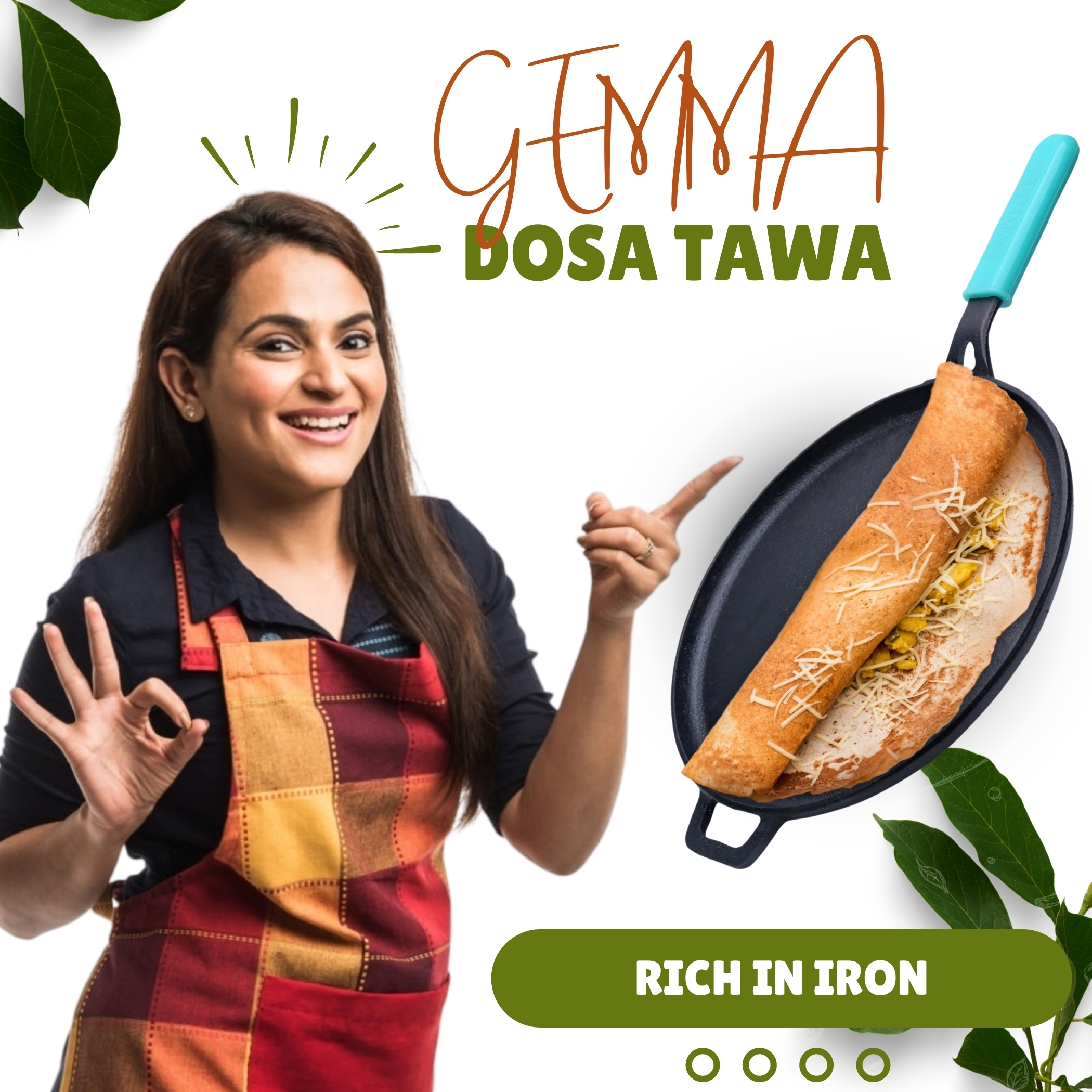 GEMMA Cast Iron Dosa Tawa with Long Handle |28cm|Pre-seasoned Pan |Non Toxic|Stick Free |Weight-(2.2 kg) |Induction Base Compatible, Silicone Grip|