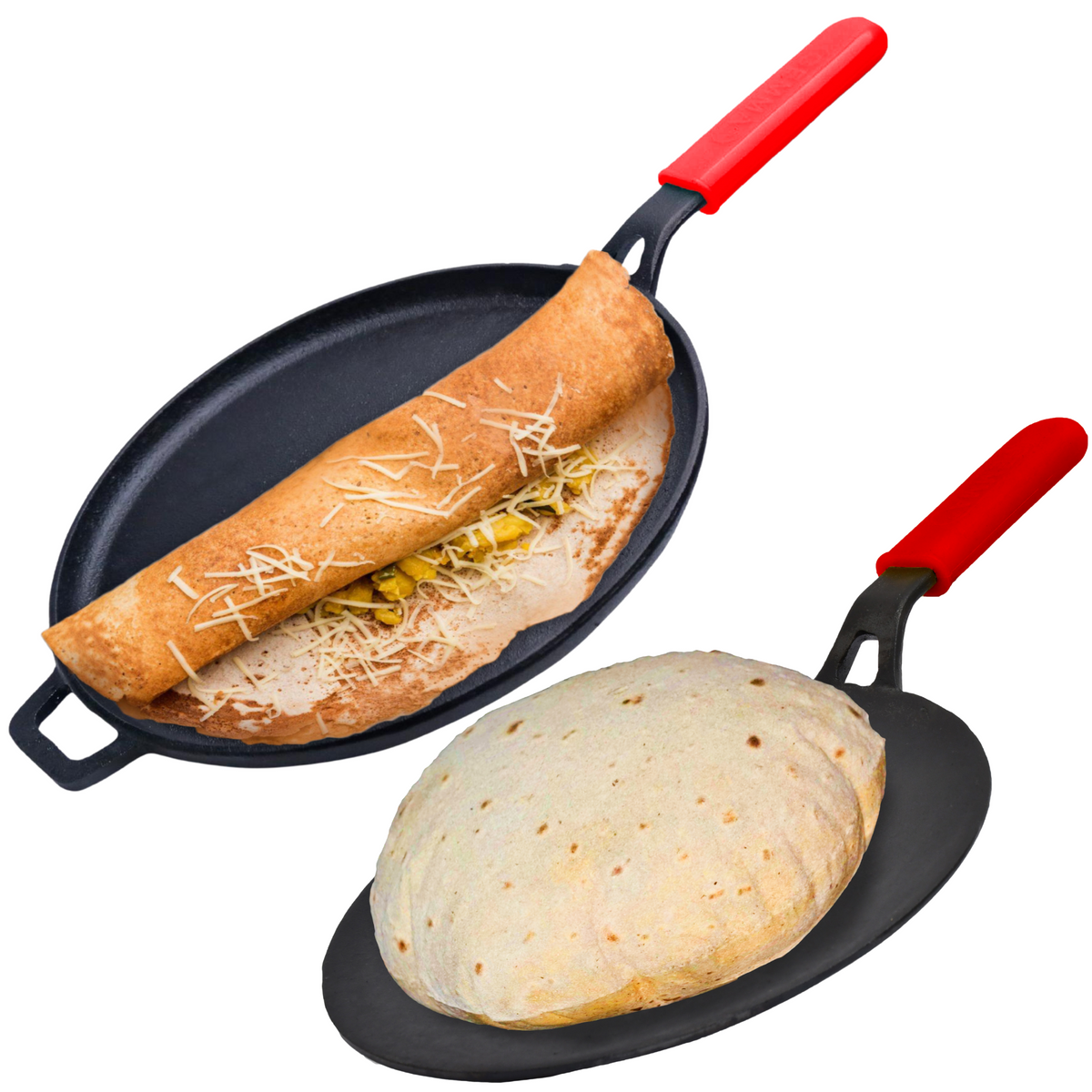 GEMMA Cast Iron Pre-Seasoned Dosa Tawa & Roti Tawa with Handle Pack of 2 Combo Red, Yellow And Turquoise