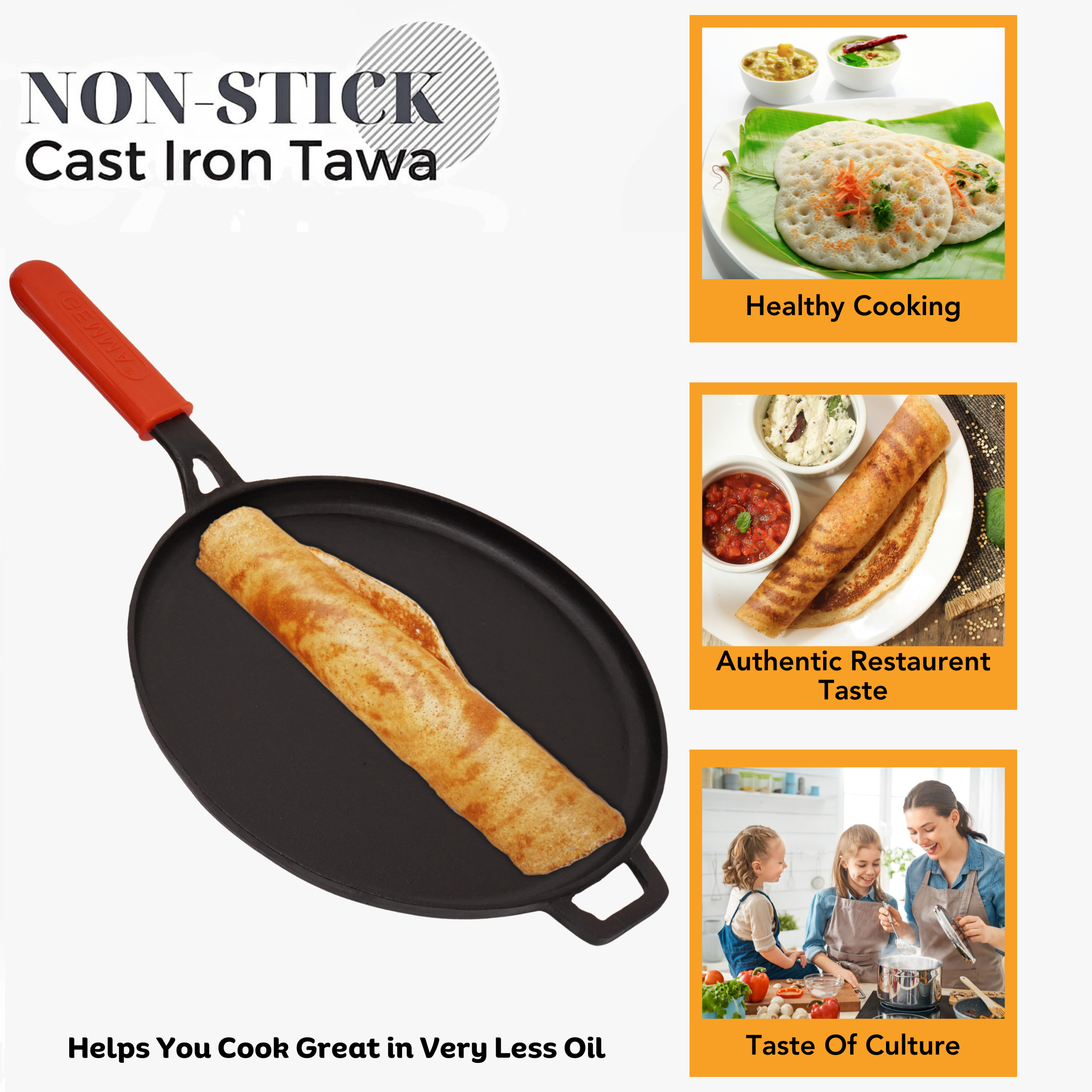 GEMMA Cast Iron Pre-Seasoned Dosa Tawa & Roti Tawa with Handle Pack of 2 Combo Red, Yellow And Turquoise