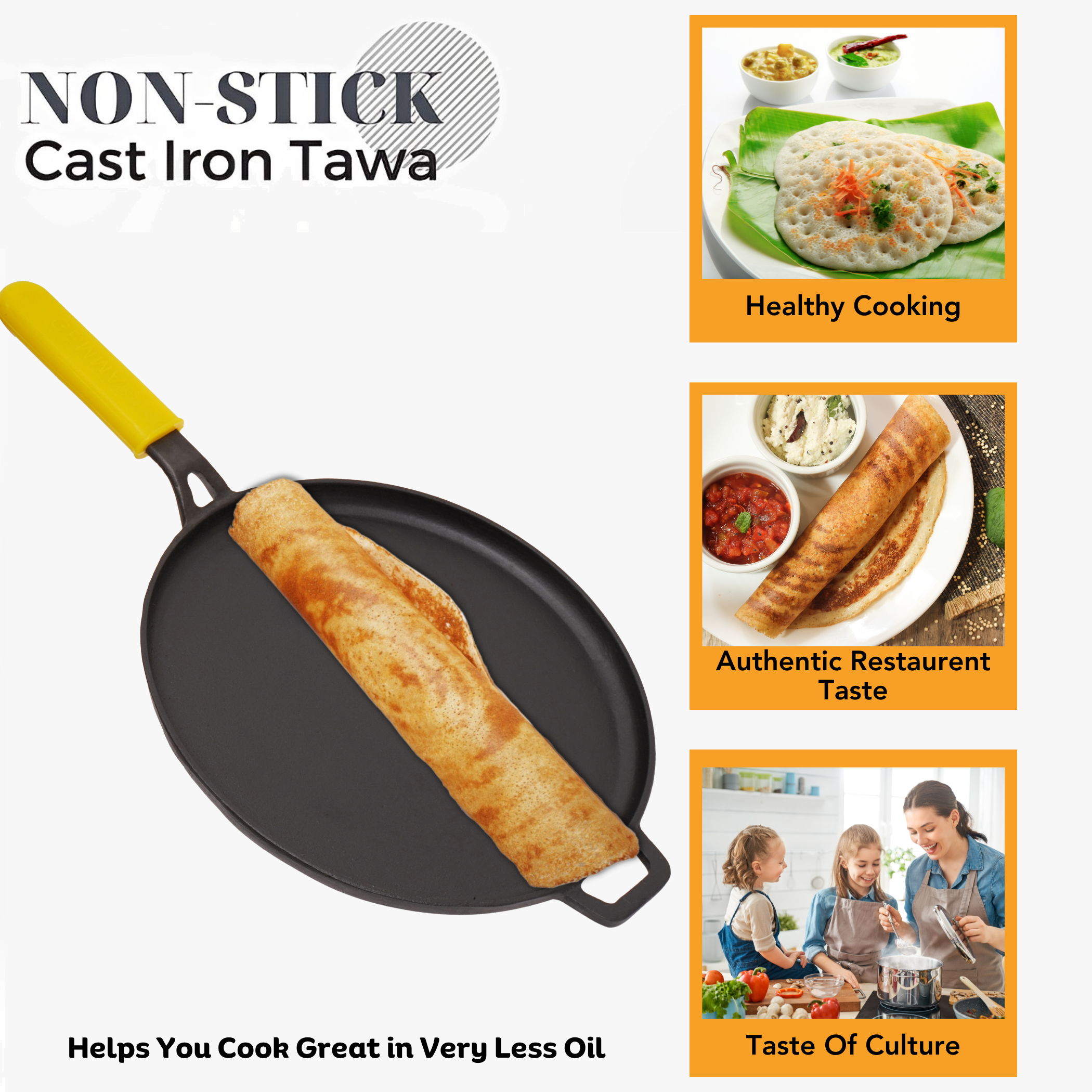 Bhagya Cast Iron Tawa Pre-Seasoned for Dosa/Roti/Chappati | Naturally  Non-Sticky Cookware, Double Seasoned with 100% Gingelly Oil - (11, Classic
