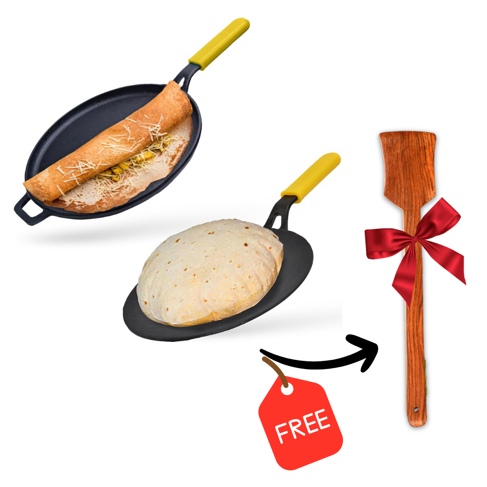 GEMMA Cast Iron Pre-Seasoned Dosa Tawa & Roti Tawa with Handle Pack of 2 Combo