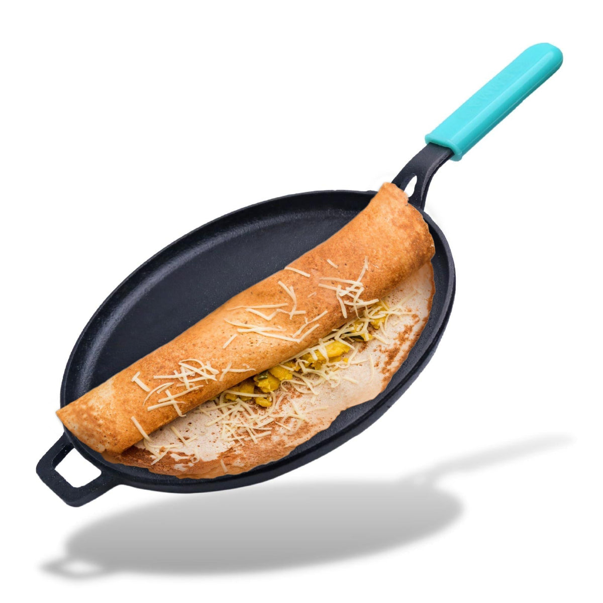 GEMMA Cast Iron Dosa Tawa with Long Handle |28cm|Pre-seasoned Pan |Non Toxic|Stick Free |Weight-(2.2 kg) |Induction Base Compatible, Silicone Grip|