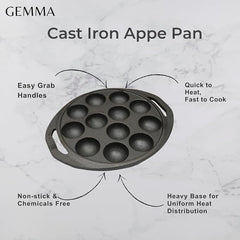 GEMMA Cast Iron Paniyarakal Pan|8-Inch 12-Cavity Appe Pan|Pre-Seasoned Stick-Free|100% Pure Cast Iron,Non Toxic -Paddu Pan|Gas Stove Compatible|Weight-(2.9 kg)|(Black)