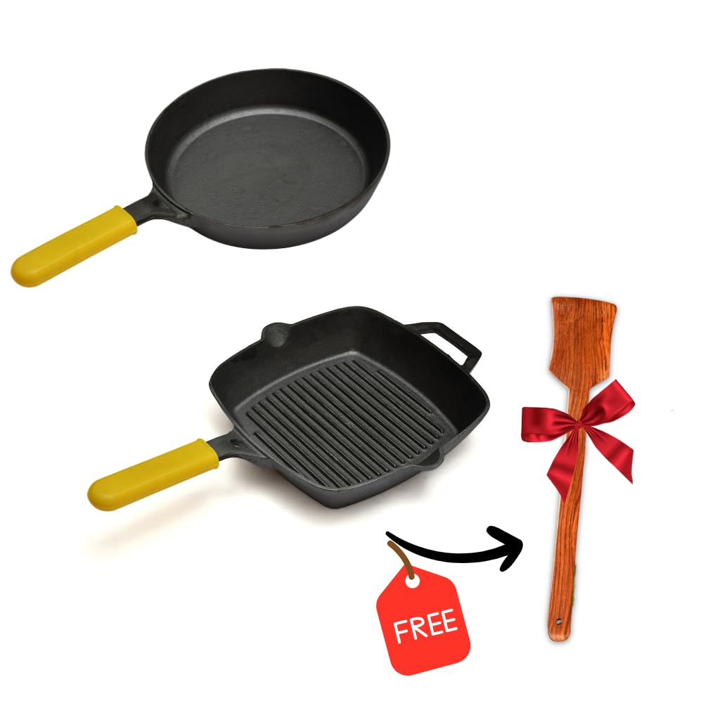 GEMMA Combo of 2, Pre-Seasoned Natural Nonstick Cast Iron Grill Pan and Frying Pan with Silicone Handle