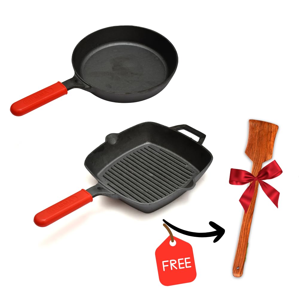 GEMMA Combo of 2, Pre-Seasoned Natural Nonstick Cast Iron Grill Pan and Frying Pan with Silicone Handle