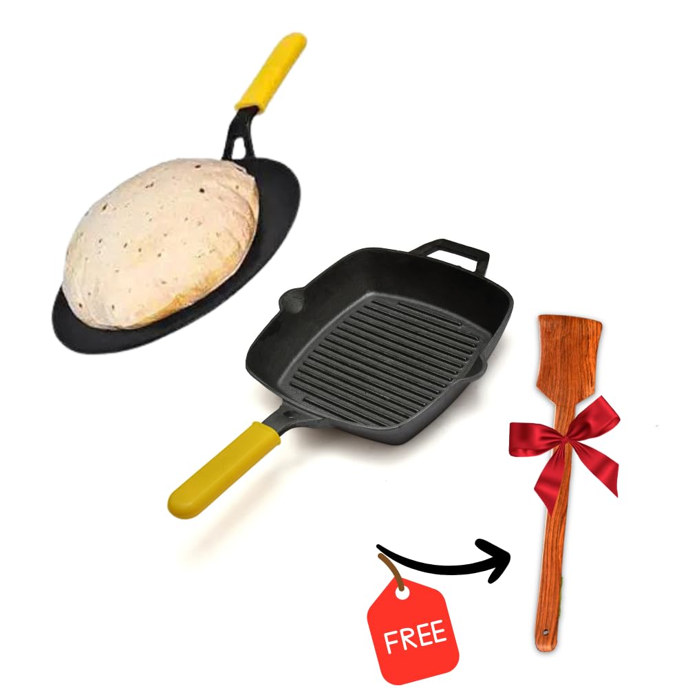 GEMMA CAST IRON GRILL PAN PLUS ROTI TAWA COMBO GREEN RED YELLOW