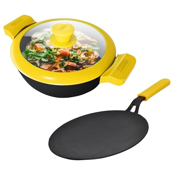 GEMMA Cookware Combo of 2,Cast Iron Kadhai  with Glass Lid and Roti Tawa Red