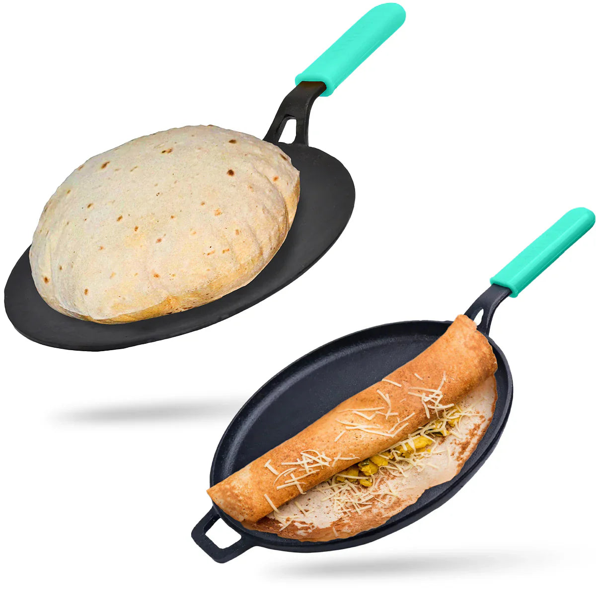 GEMMA Cast Iron Pre-Seasoned Dosa Tawa & Roti Tawa with Handle Pack of 2 Combo Red, Yellow And Turquoise