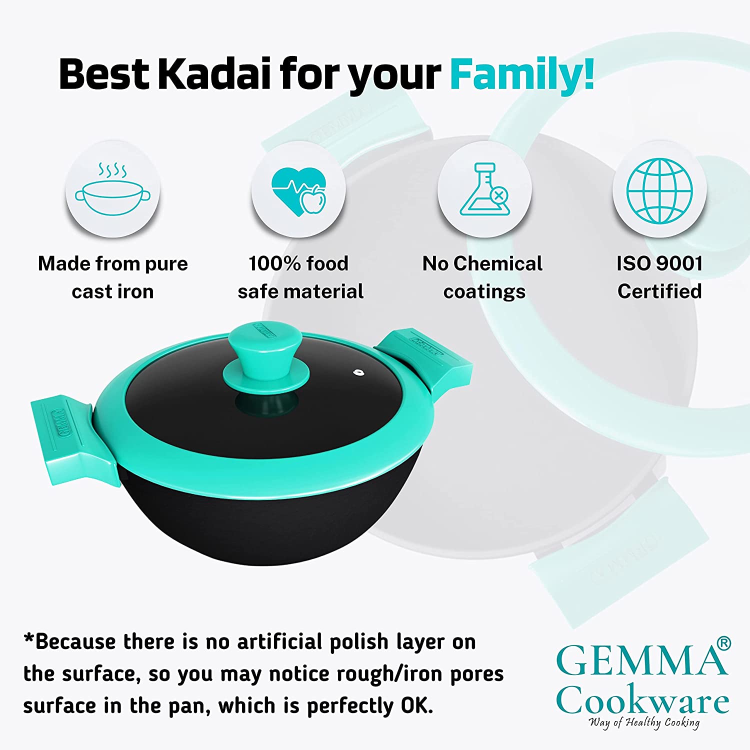 GEMMA Cast Iron Kadai with Lid | Kadhai with Glass Lid for Cooking N Deep Frying