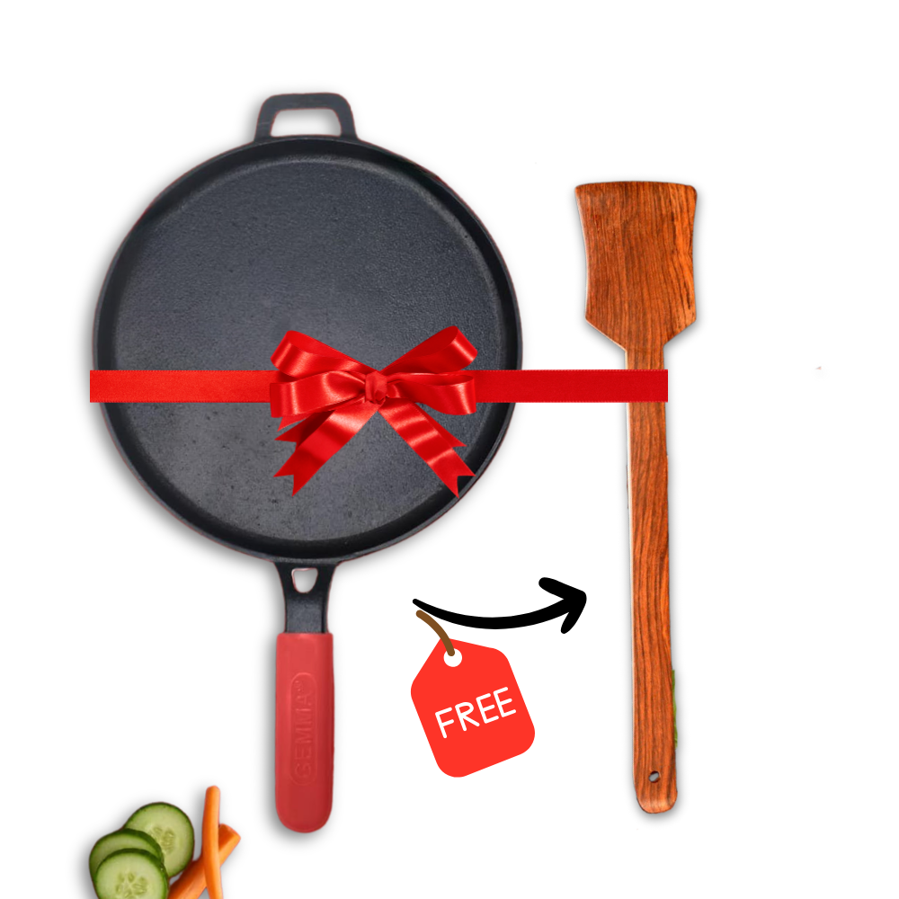 Pre-Seasoned Natural Nonstick Raw Cast Iron Dosa Tawa with Silicone Grip Red